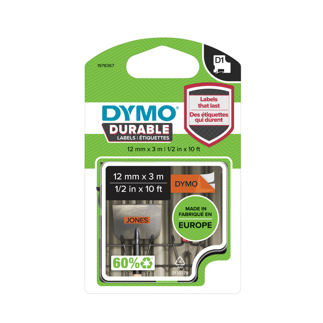 Labeltape Dymo LabelManager D1 polyester 12mm zwart op oranje