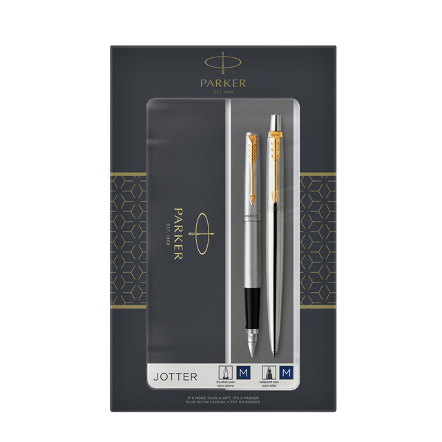 Balpen en vulpen Parker Jotter stainless steel GT medium 2 stuks