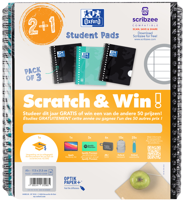 Collegeblok Oxford School A5+ lijn 17-gaats 160 pagina's 80gr scratch&win assorti 3 stuks