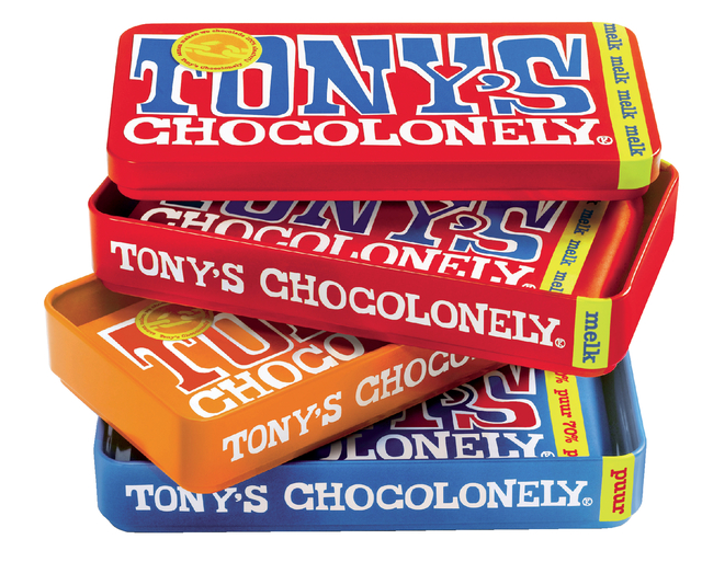 Chocolade Tony's Chocolonely puur-melk en karamel zeezout blik 540gr