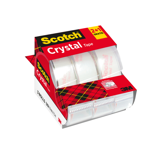 Plakband Scotch Crystal 600 19mmx7.5m transparant 2+1 gratis + handdispenser