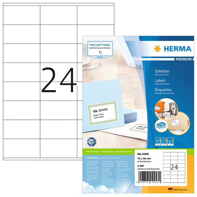 Etiket HERMA 4453 70x36mm premium wit 2400stuks