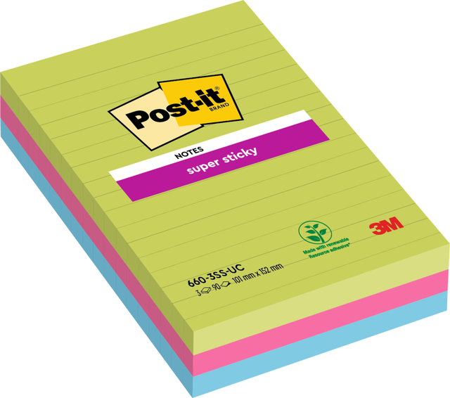 Memoblok Post-it 660 Super Sticky 102x152mm lijn rainbow 3 stuks