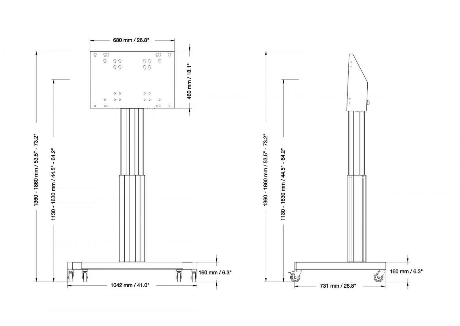 Verrijdbaar, elektrisch hoogte verstelbaar TV standaard 110-160 cm voor 42 tot 70 inch schermen, H-onderstel