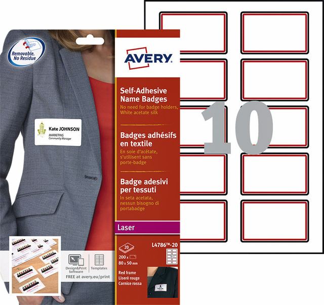 Naambadge etiket Avery L4786-20 80x50mm rood kader 200stuks