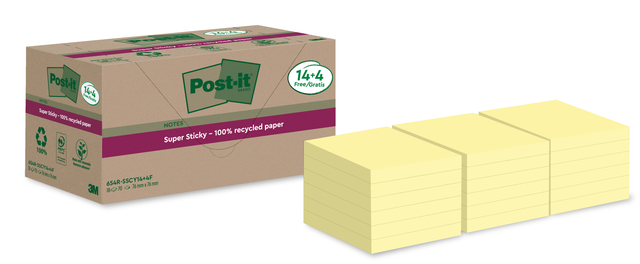 Memoblok Post-it 654 RSS12CY 76x76mm geel 14+4 gratis