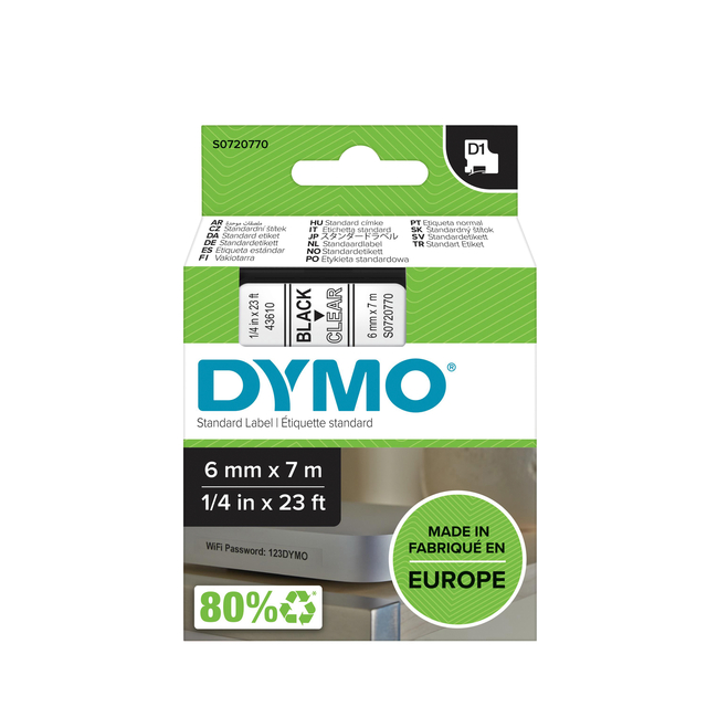 Labeltape Dymo LabelManager D1 polyester 6mm zwart op transparant