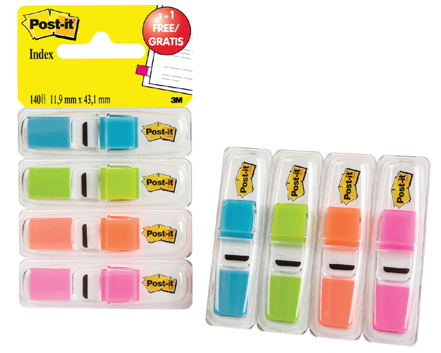 Indextabs Post-it 6834 11.9mmx43.1mm helder 3+1 gratis assorti 35 tabs per dispernser