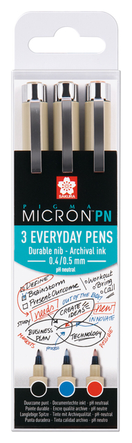 Fineliner Sakura pigma micron 0.4mm blister à 3 stuks assorti