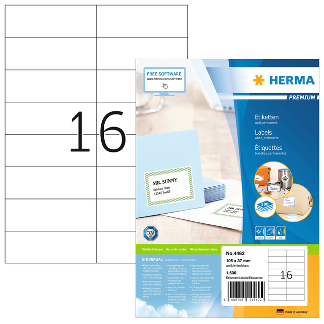 Etiket HERMA 4462 105x37mm premium wit 1600stuks