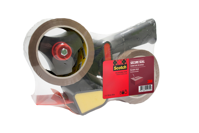 Verpakkingstape dispenser Scotch met 2 rollen Secure seal tape 50mmx66m bruin