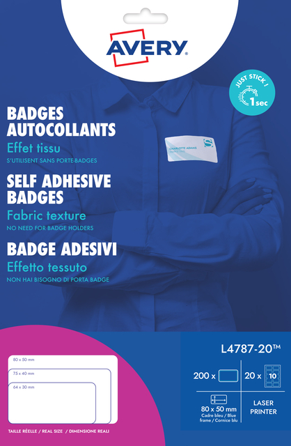 Naambadge etiket Avery L4787-20 80x50mm blauw kader 200stuks