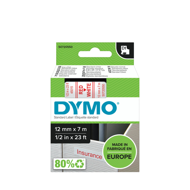 Labeltape Dymo LabelManager D1 polyester 12mm rood op wit