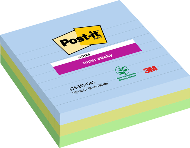 Memoblok Post-it 675-3 Super Sticky 101x101mm Oasis