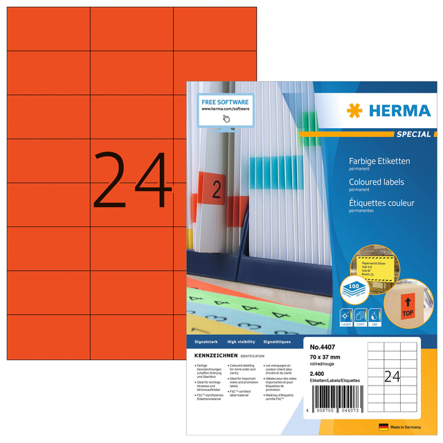 Etiket HERMA 4407 70x37mm rood 2400stuks