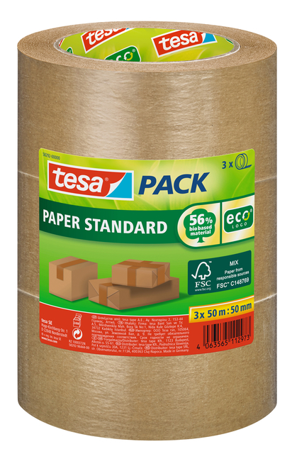 Verpakkingstape tesapack® Papier Standard ecoLogo 50mx50mm bruin bundel 3 rollen