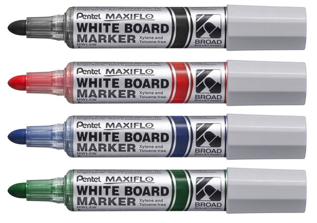 Viltstift Pentel MWL5M Maxiflo whiteboard rond 3mm assorti set à 4 stuks