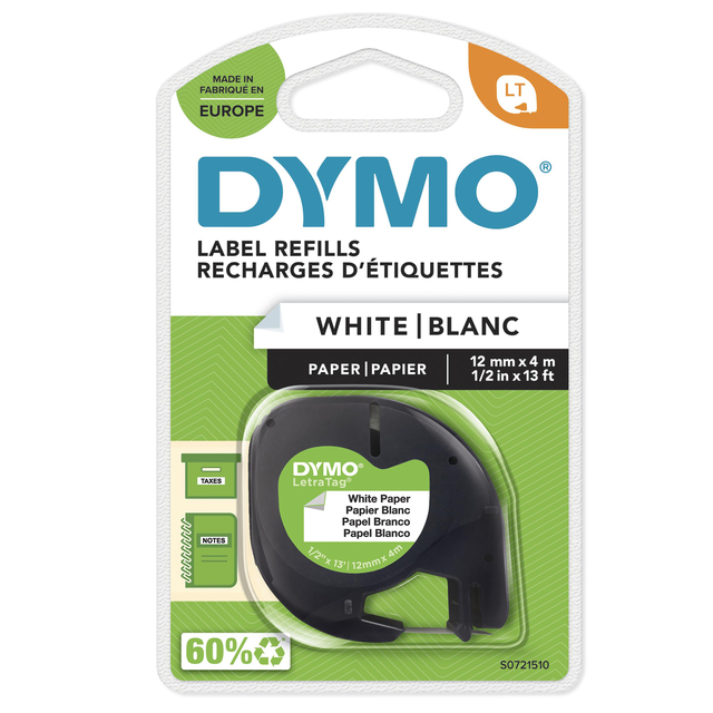Labeltape Dymo LetraTag papier 12mm zwart op wit