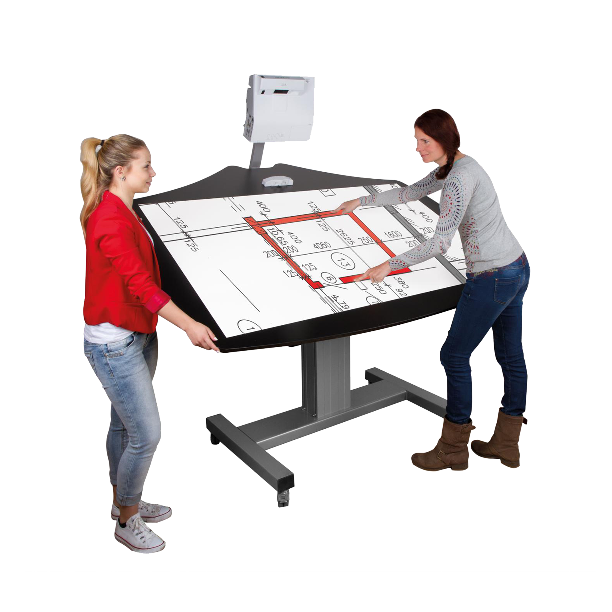 Mobiel kantelbaar whiteboard in cloudboard-design - 1,44 x 0,90 m, elektrisch in hoogte verstelbaar &amp; kantelbare houder, H-vormig rolframe