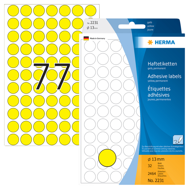 Etiket HERMA 2231 rond 13mm geel 2464stuks