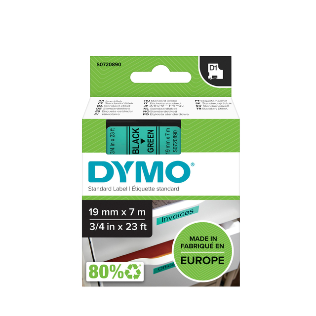 Labeltape Dymo LabelManager D1 polyester 19mm zwart op groen