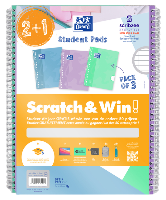 Collegeblok Oxford School A4+ lijn 23-gaats 160 pagina's 80gr pastel scratch&win assorti voordeelpak