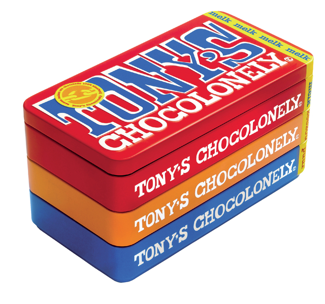 Chocolade Tony's Chocolonely puur-melk en karamel zeezout blik 540gr