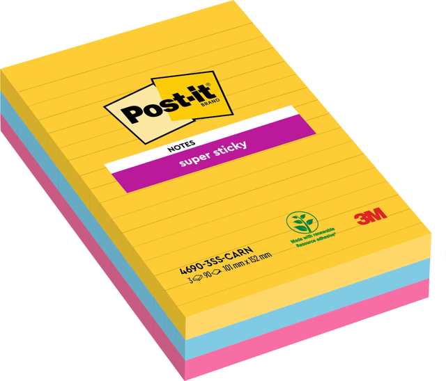 Memoblok Post-it 4690 Super Sticky 101x152mm lijn Carnival 3 stuks