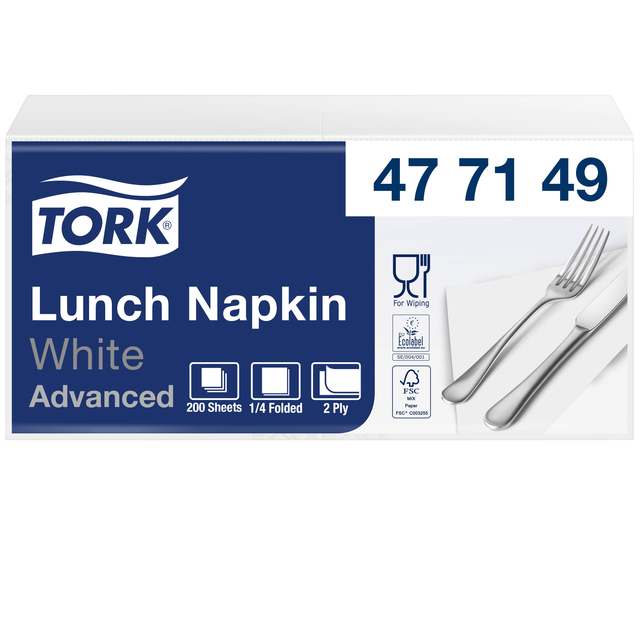 Servetten Tork 2-laags 1/4 gevouwen 200 stuks wit 477149