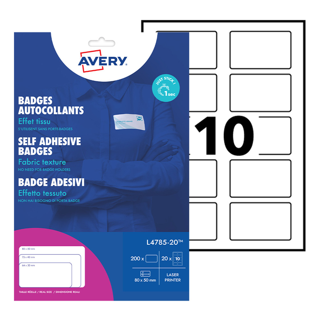 Naambadge etiket Avery L4785-20 80x50mm zk 200stuks