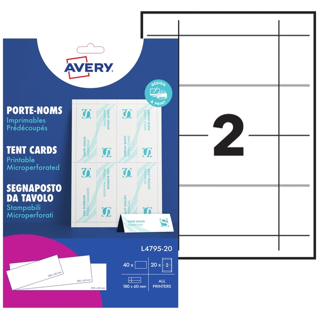 Tafelnaambord Avery L4795-20 180x60mm wit 20 stuks