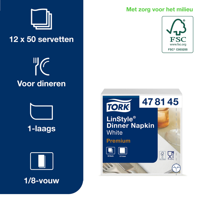 Dinnerservetten Tork Premium LinStyle® 1/8 gevouwen 1-laags 50 stuks wit 478145