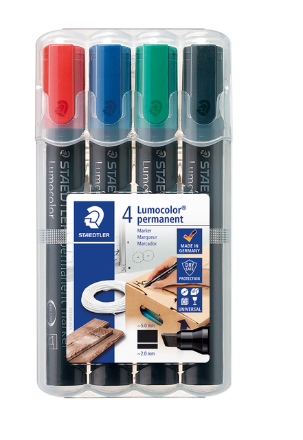 Viltstift Staedtler Lumocolor 350 permanent schuin set à 4 stuks assorti