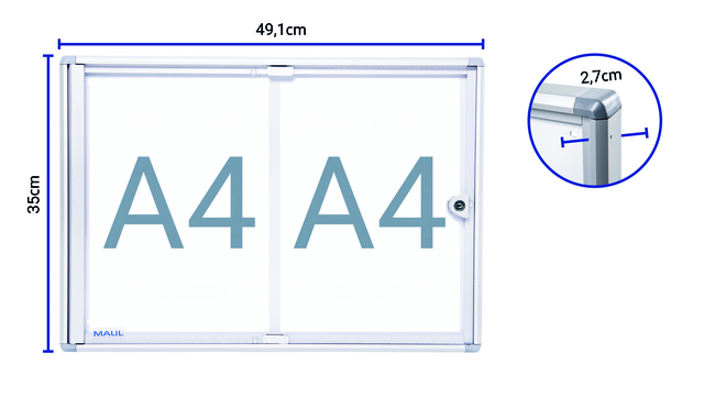 Binnenvitrine wand MAULextraslim whiteboard 2xA4 met slot