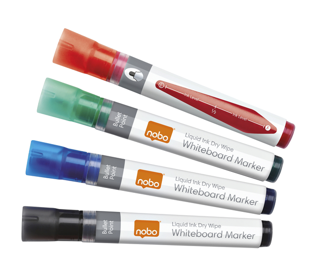 Viltstift Nobo whiteboard Liquid ink rond assorti 3mm 4st