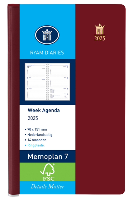 Agenda 2025 Ryam Memoplan 7 Suprema ringplasic 7dagen/2pagina's bordeaux