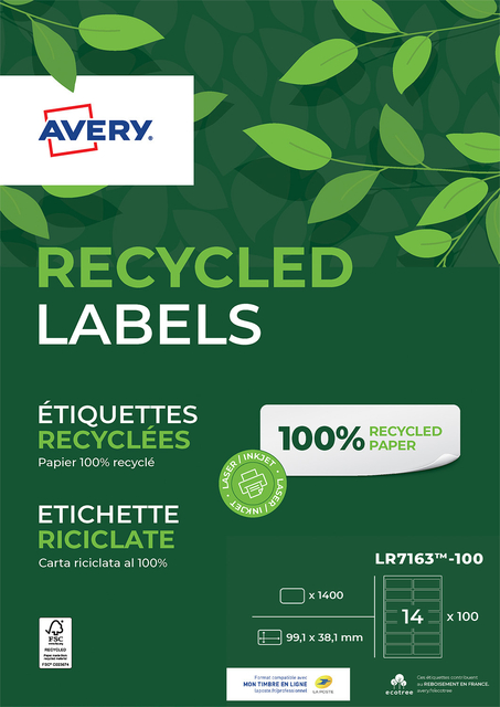 Etiket Avery LR7163-100 99.1x38.1mm recycled wit 1400 etiketten