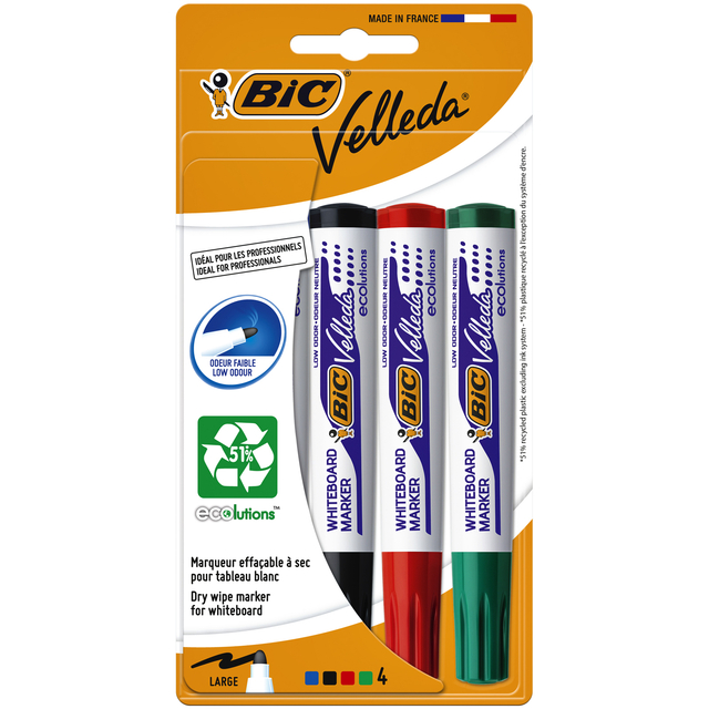 Viltstift Bic Velleda 1704 whiteboard rond large assorti blister à 4 stuks