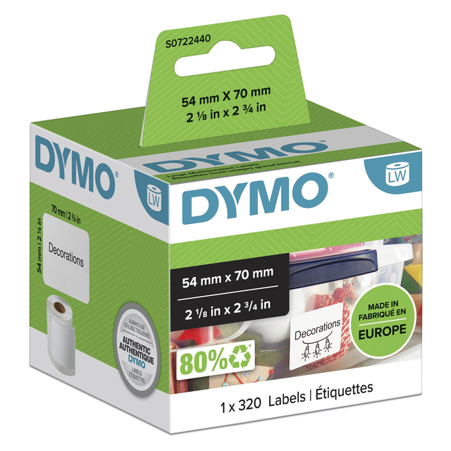 Etiket Dymo LabelWriter multifunctioneel 54x70mm 1 rol á 320 stuks wit