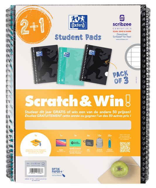 Collegeblok Oxford School A4+ lijn 23-gaats 160 pagina's 80gr scratch&win assorti voordeelpak