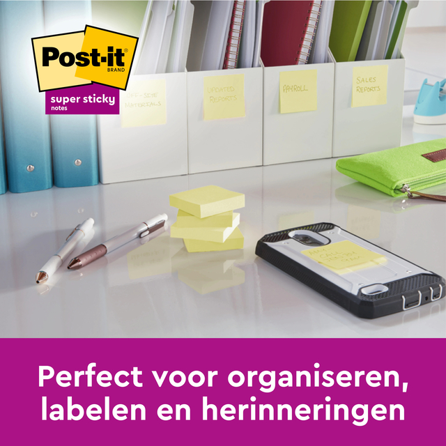 Memoblok Post-it 654 Super Sticky 76x76mm geel 14+2 gratis