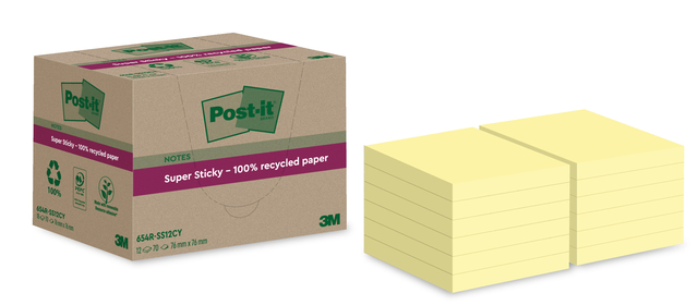 Memoblok Post-it Super Sticky 654 RSS12CY recycled 76x76mm canary yellow 12 stuks