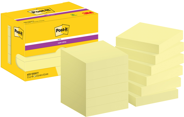 Memoblok Post-it 622 Super Sticky 47,6x47,6mm geel 12 stuks