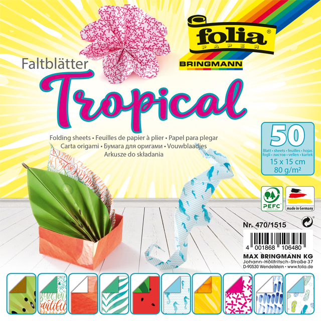 Vouwblaadjes Folia 80gr 15x15cm 50 vel 2-zijdig 10 tropical designs