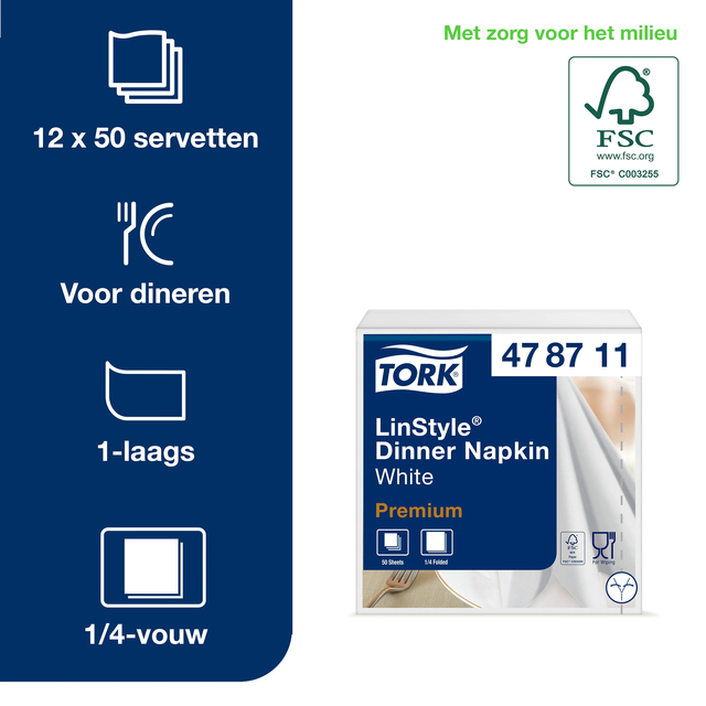 Dinnerservetten Tork Premium LinStyle® 1-laags 50 stuks wit 478711