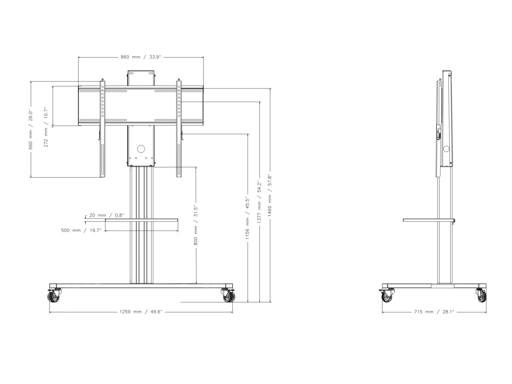 Mobiele displaystandaard met plank voor displays van 55"-86"