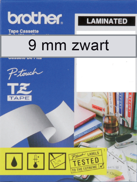 Labeltape Brother P-touch TZe-121 standaard 9mm zwart op transparant