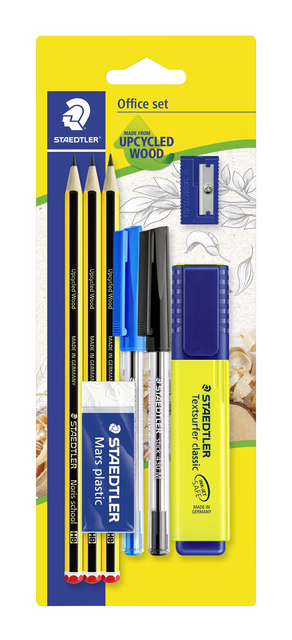 Schrijfset Staedtler inhoud 3 Noris potloden HB - 2 balpennen, markeerstift, gum en slijper 8 stuks