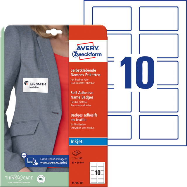 Badge Avery Zweckform J4785-20 80x50mm wit 200stuks