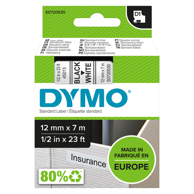 Labeltape Dymo LabelManager D1 polyester 12mmx7m zwart op wit